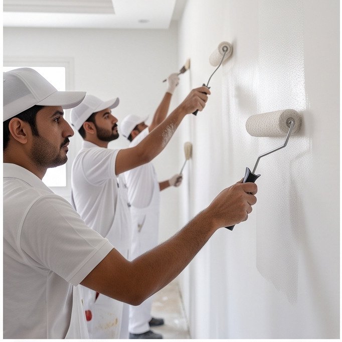فريق معلمي دهانات محترفين ينفذون أعمالهم بدقة في الرياض